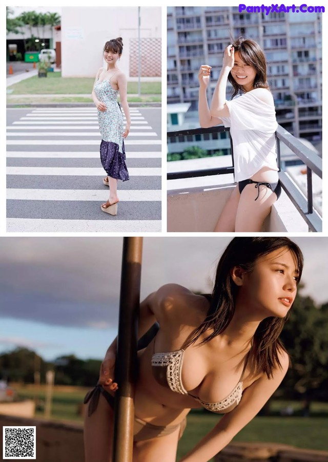 A woman in a bikini posing on a pole.