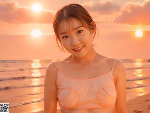 A woman in a pink bikini sitting on a bed.