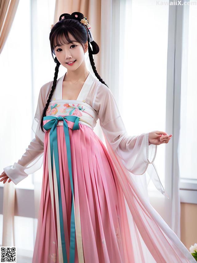 A woman in a pink and blue hanbok is posing for a picture.