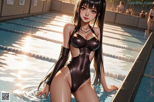 A woman in a black bathing suit sitting by a pool.