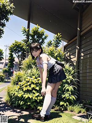 A woman in a white shirt and skirt posing for a picture.