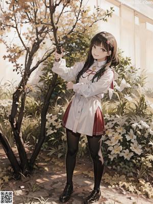 A woman in a white shirt and skirt posing for a picture.