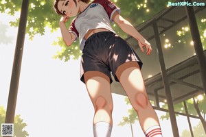 A girl in a baseball uniform standing in front of a stadium.