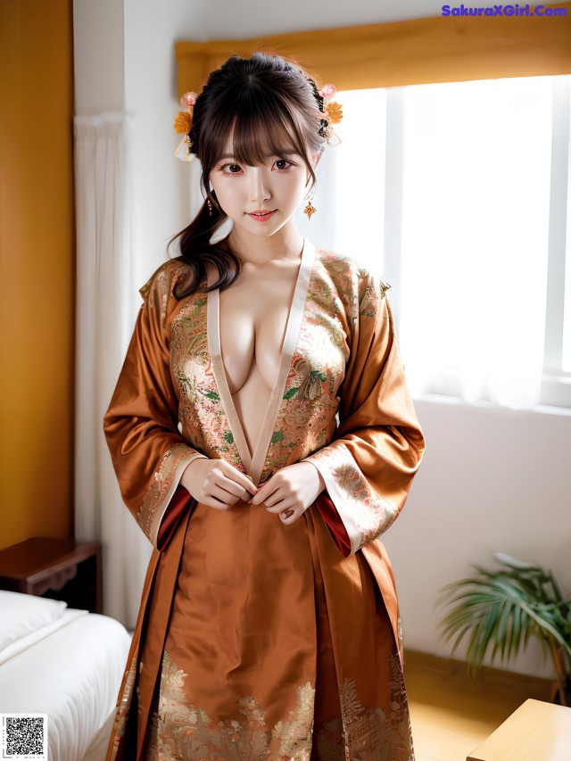 A woman in a brown kimono standing in a bedroom.