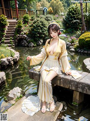 A woman in a blue kimono sitting on a bed.