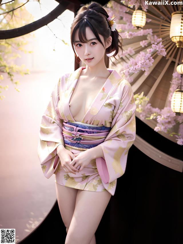 A woman in a pink kimono posing for a picture.