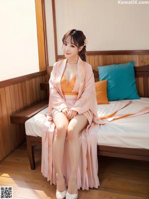 A woman in a purple kimono is posing for the camera.