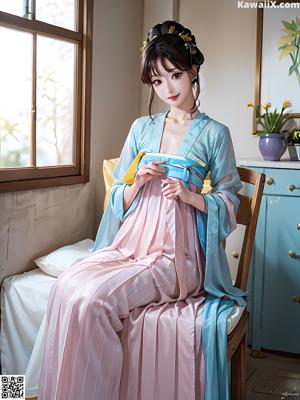 A woman in a pink and white dress holding a flower.