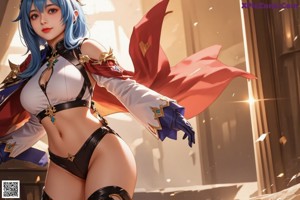 A woman in a white and blue outfit holding a sword.
