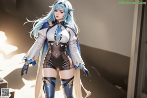 A woman with long blue hair wearing a black and white outfit.