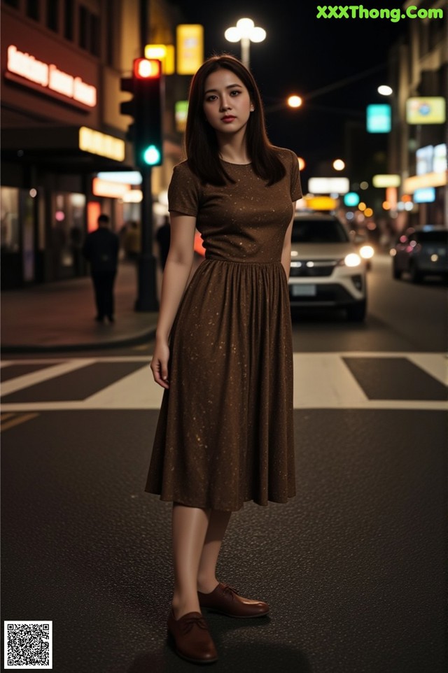 A woman standing in the middle of a city street at night.